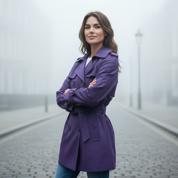 Purple London Fog trench coat with double-breasted design and belt Large - Picture 1 of 12